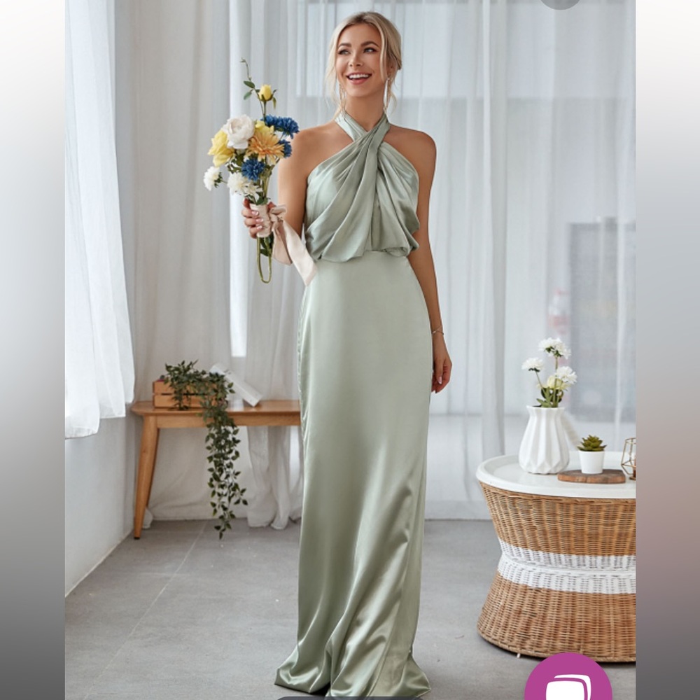 Green halter satin dress
